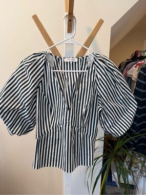 Frame Denim Black & White Vertical Stripe Puff-Sleeve Blouse